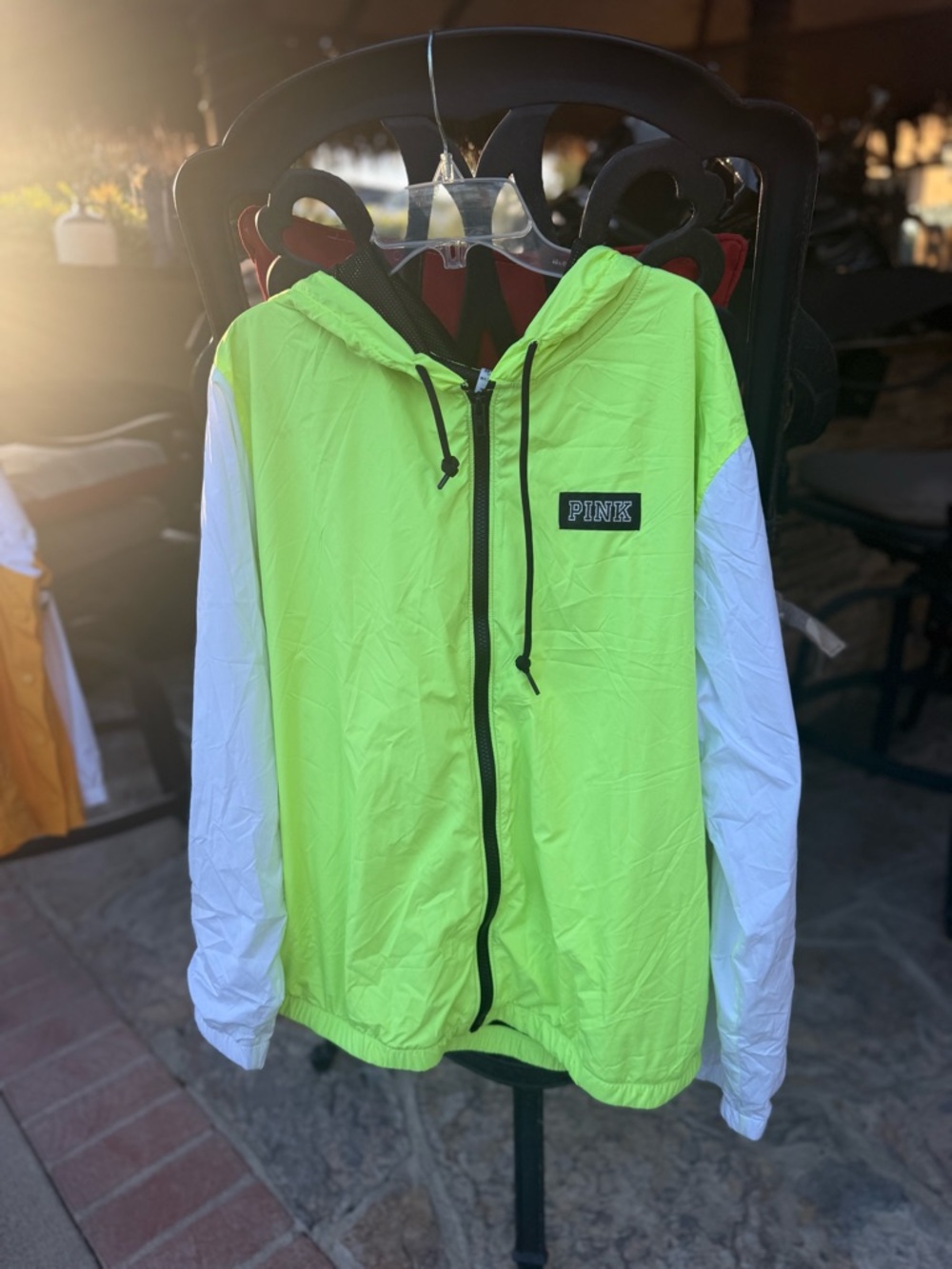 PINK Victoria Secret: Neon Yellow & White Hooded Windbreaker